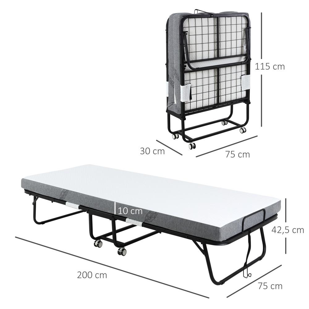 Hopfällbar gästsäng med hjul, Stålskummadrass, Vit/Svart 200x75cm