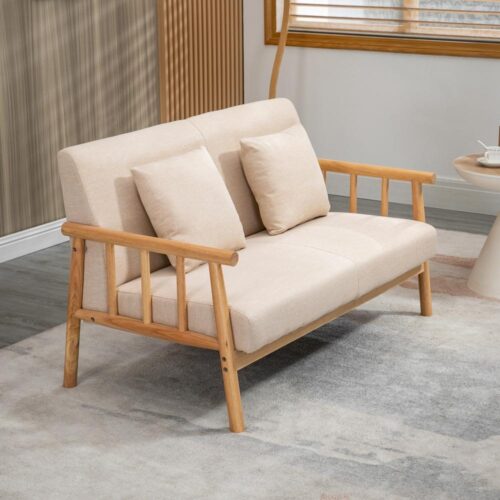 Soffa i beige linnelook, 2-sits med kuddar för små utrymmen