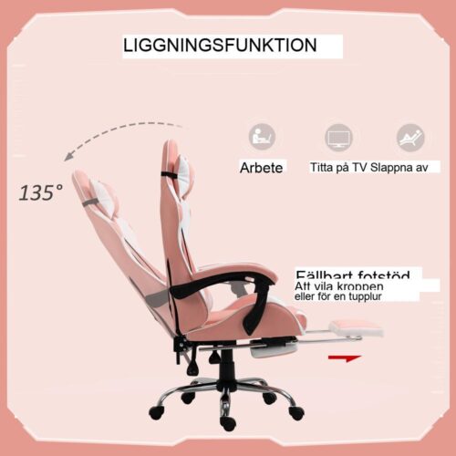 Ergonomisk spelstol med nackstöd, svankstöd, höjdjusterbar, rosa och vit