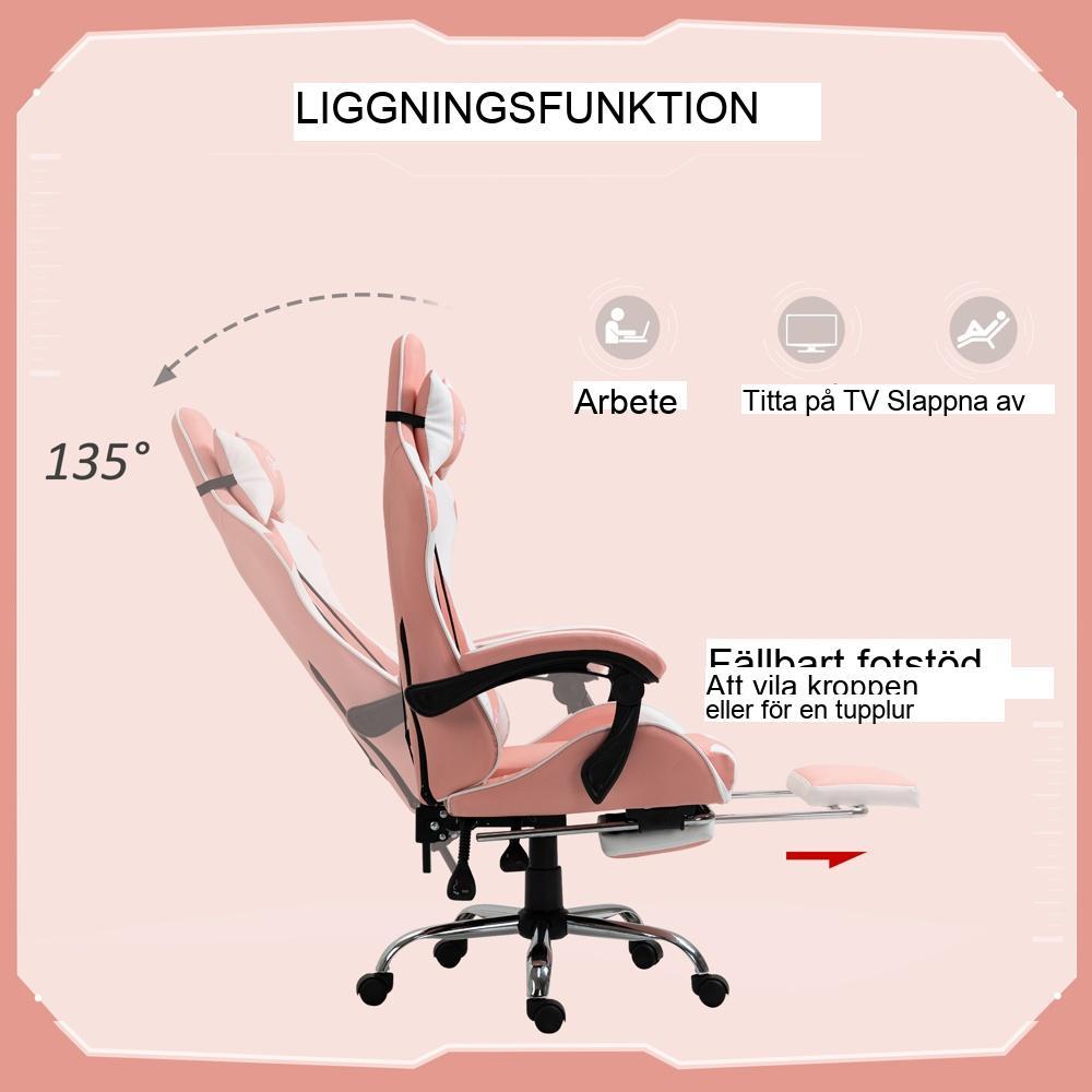 Ergonomisk spelstol med nackstöd, svankstöd, höjdjusterbar, rosa och vit