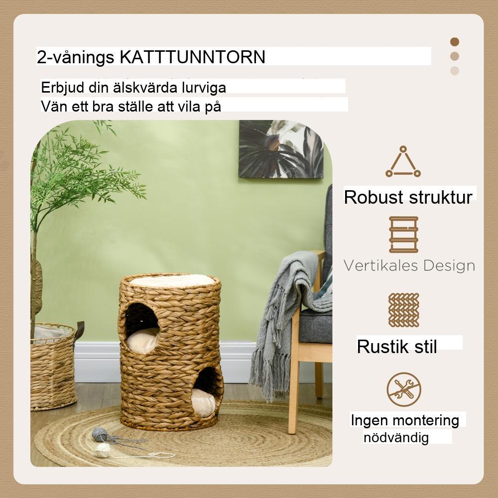 Natural Water Hyacinth Cat Scratching Tower med kudde, 47 cm högt