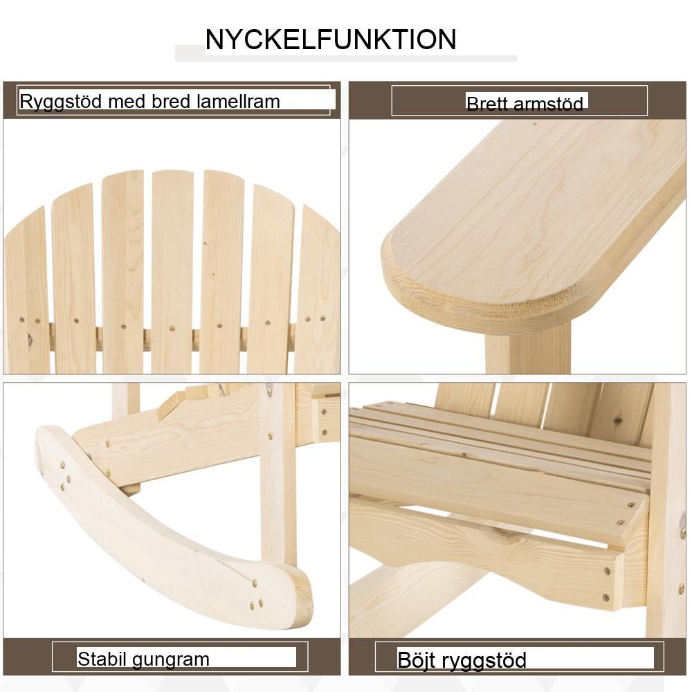 Natural Pinewood Adirondack gungstol för trädgårdsveranda uteplats