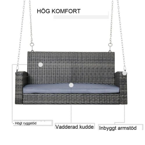 Grå hängbänkgunga i rotting för 2, dämpad trädgårdsverandagunga 127×57,5 cm