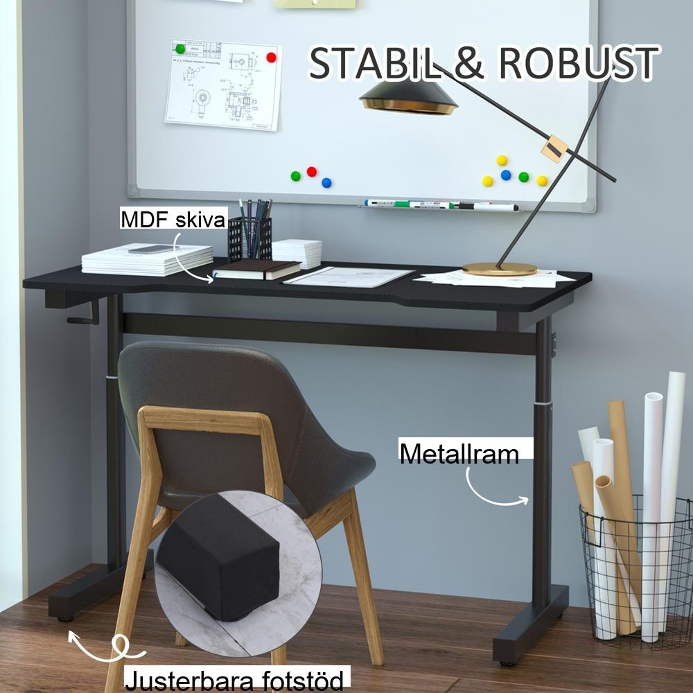 Höjdjusterbart stående skrivbord, svart MDF, vevlyft och fotstöd