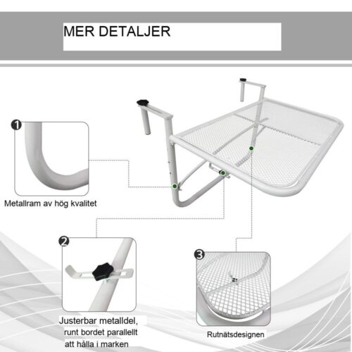 Vit Justerbart Hängande Balkongbord Metall 60×56,5cm för Trädgårdsterrass