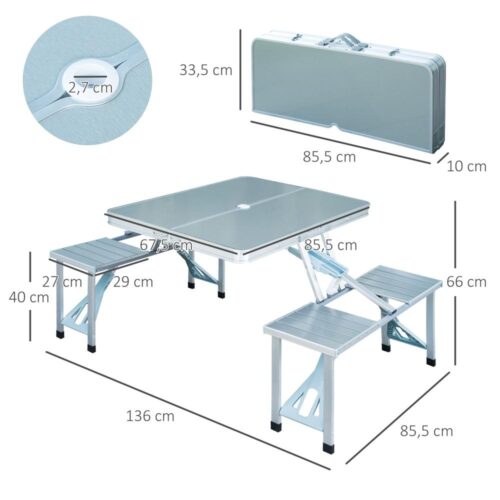 Bärbart camping picknickbord med 4 säten – aluminium och MDF, paraplyhål