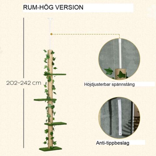 Kattträd med justerbar höjd med skrapstolpar i jute och tippskydd