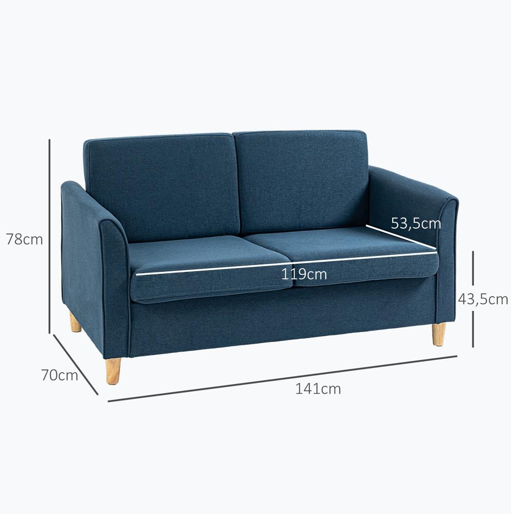 Blå modern soffa i linnelook med träben, 2-sits soffa