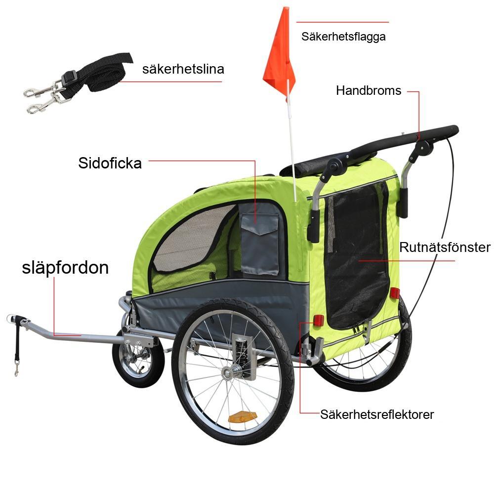 Stor hundcykelvagn och husdjursvagn, grön+grå, hopfällbar med säkerhetsfunktioner