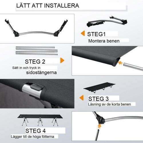 Justerbar campingsäng i aluminium, svart, rymmer upp till 150 kg