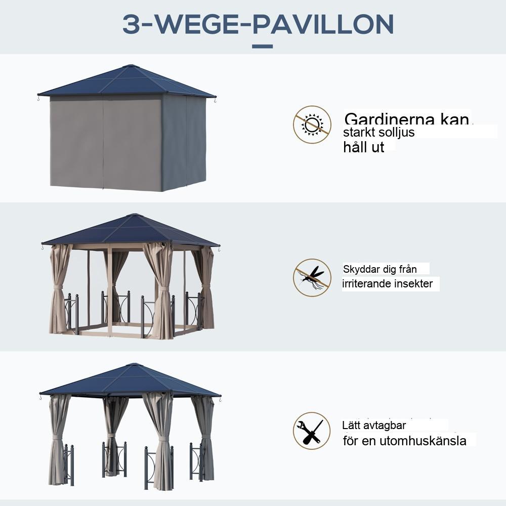 3x3m lusthus i svart aluminium med gardiner, flugnät och PC-tak