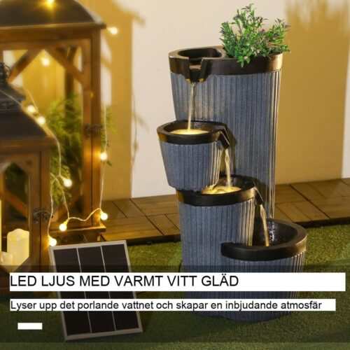 Rustik solträdgårdsfontän med LED-lampor, vattenfall i fyra våningar och blomkruka