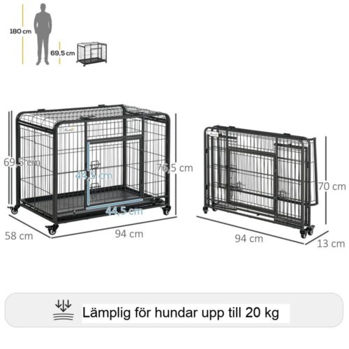 Hopfällbar metall hundkatttransportlåda med hjul, 94x58x69cm