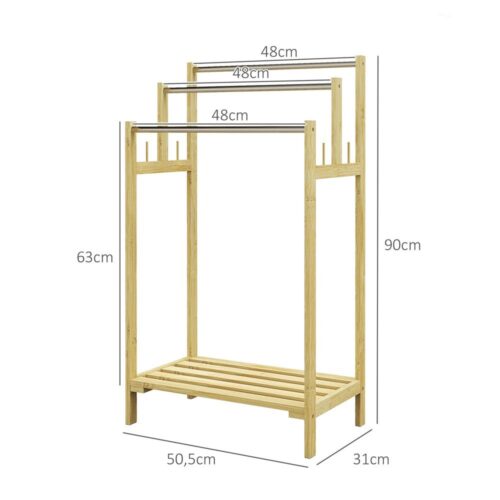 Handduksställ i bambu med 4 krokar, 3 handduksstänger för badrum, naturlig torkdesign