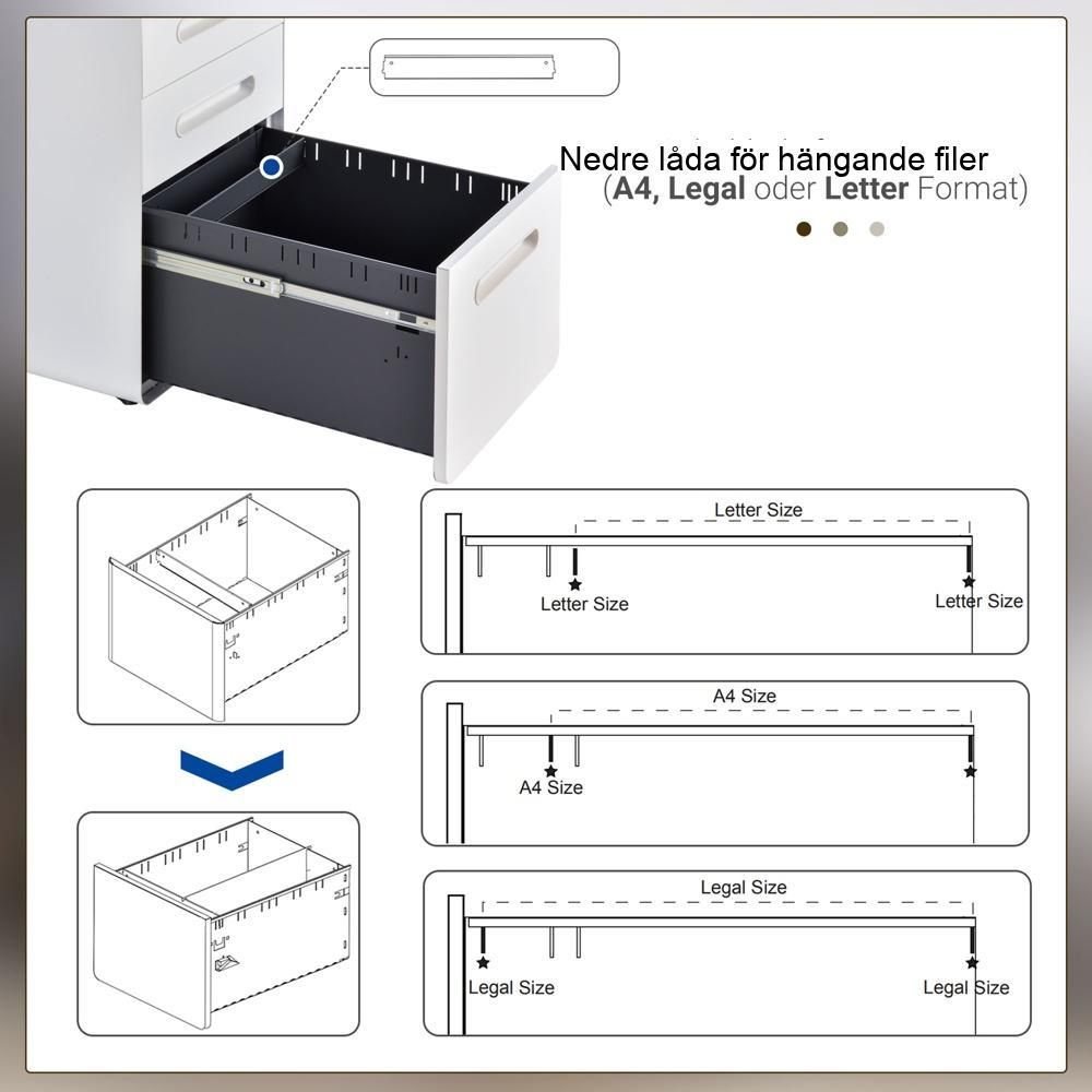 Mobilt arkivskåp i stål – 3 lådor, låsbart, vitt, kontorsförvaring