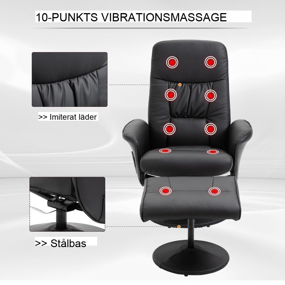 Massagestol med pall, 10 vibrationspunkter, Liggande TV-stol, Svart