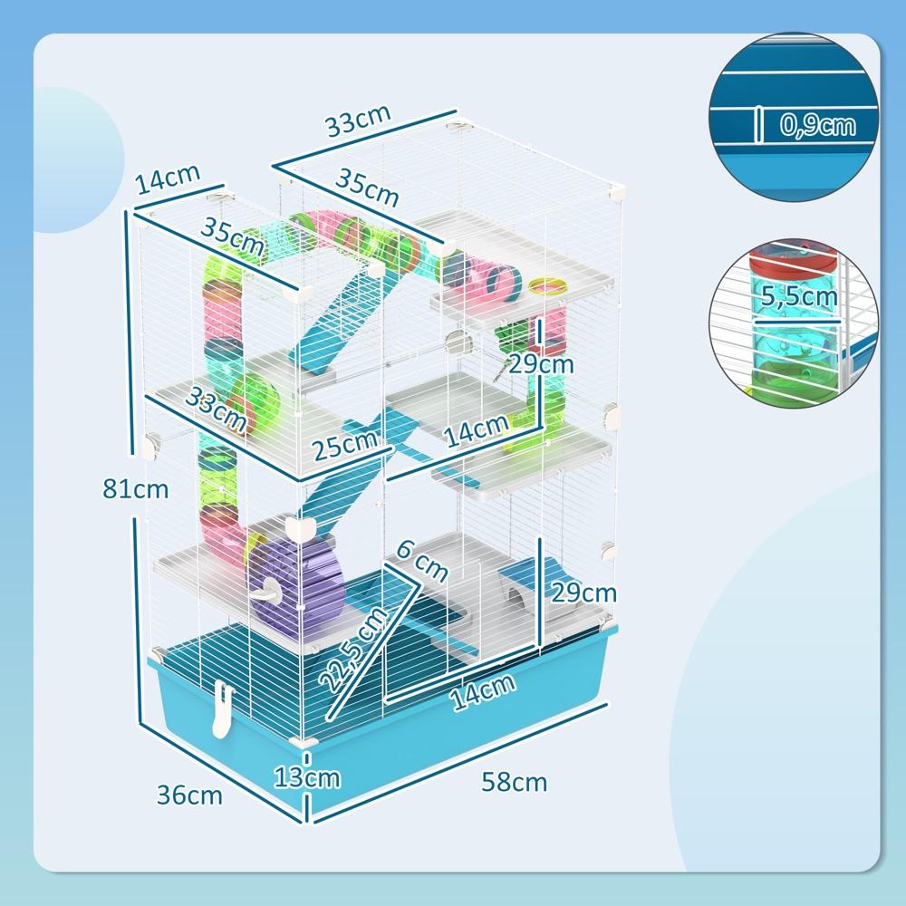 6-vånings hamsterbur med rör, tunnlar och hjul – Ljusblå Perfekt för dvärghamstrar och gerbiler