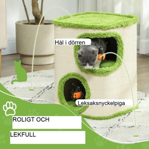 Grön+gräddvit kattskraptunna med grottor, sisal och plyschleksakstorn