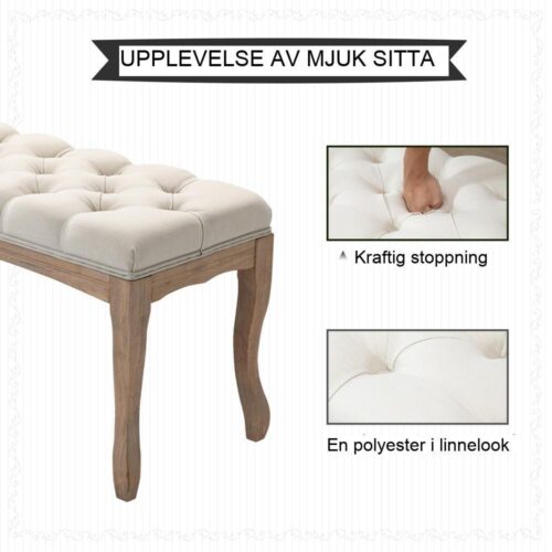 Vintage linnestoppad bänk för sovrum eller vardagsrum, beige