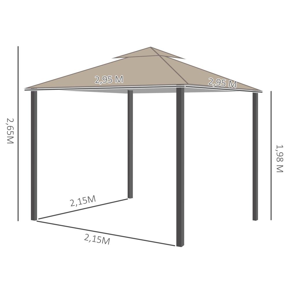 Gräddvit metall Gazebo Pavilion, 3×3 m dubbeltak, UV-skydd, 4 sidopaneler