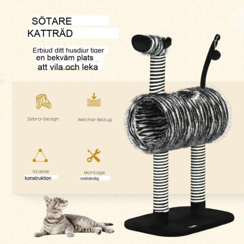 Zebra Design Cat Tree med skrapstolpar och tunnel, 93 cm hög