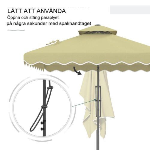 Stort beige fribärande paraply med UV-skydd, volanger och korsbas