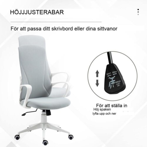 Ergonomisk kontorsstol med justerbar höjd, gungande och ljusgrå tyg