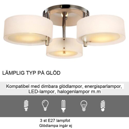 Modern 3-lamps krom taklampa | Varm vit akrylskärm | E27 Uttag | Vardagsrumsbelysning