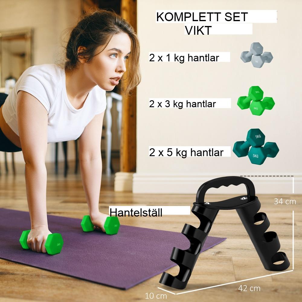 Justerbart hantelset med hopfällbart ställ – 6 hantlar, Kettlebell-alternativ