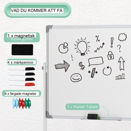 Dubbelsidig magnetisk whiteboardtavla med stativ, hjul och markörer, 120x90cm