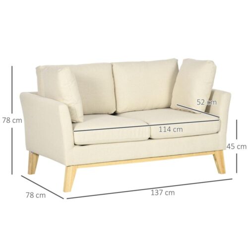 Loveseat-soffa i beige linnelook, bekväm 2-sits med kuddar, upp till 150 kg kapacitet