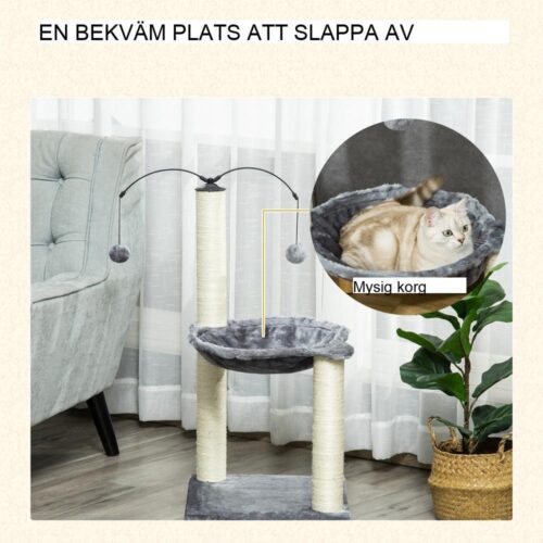 Grå kattträd med hängmatta, skrapstolpe och lekbollar