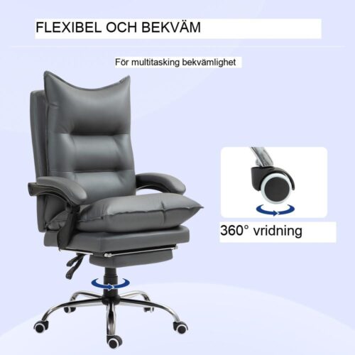 Ergonomisk liggande kontorsstol med fotstöd, justerbar höjd och mörkgrå klädsel