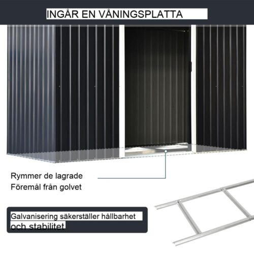 Mörkgrå verktygsbod i stål – skjutdörr, ventilation, 280x130x172cm