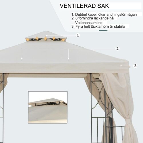 Gräddvit metall Gazebo Pavilion, 3×3 m dubbeltak, UV-skydd, 4 sidopaneler