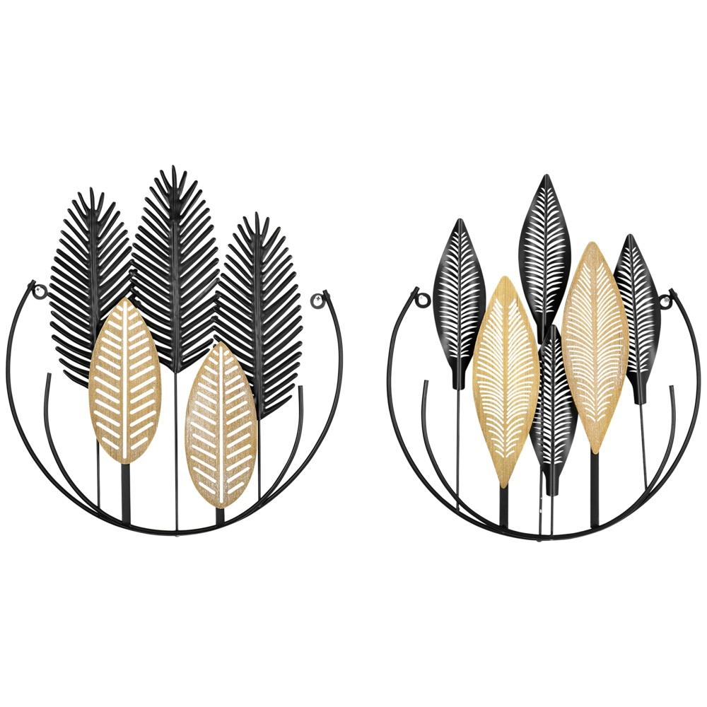 3D metallblad väggdekor set om 2 – modern svart och naturlig vardagsrumskonst