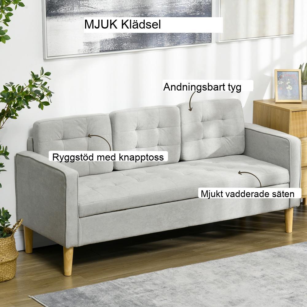 Ljusgrå 3-sits soffa med förvaring och armstöd