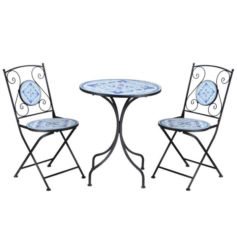 Blue Mosaic Bistro Set för 2 med hopfällbara stolar och bord