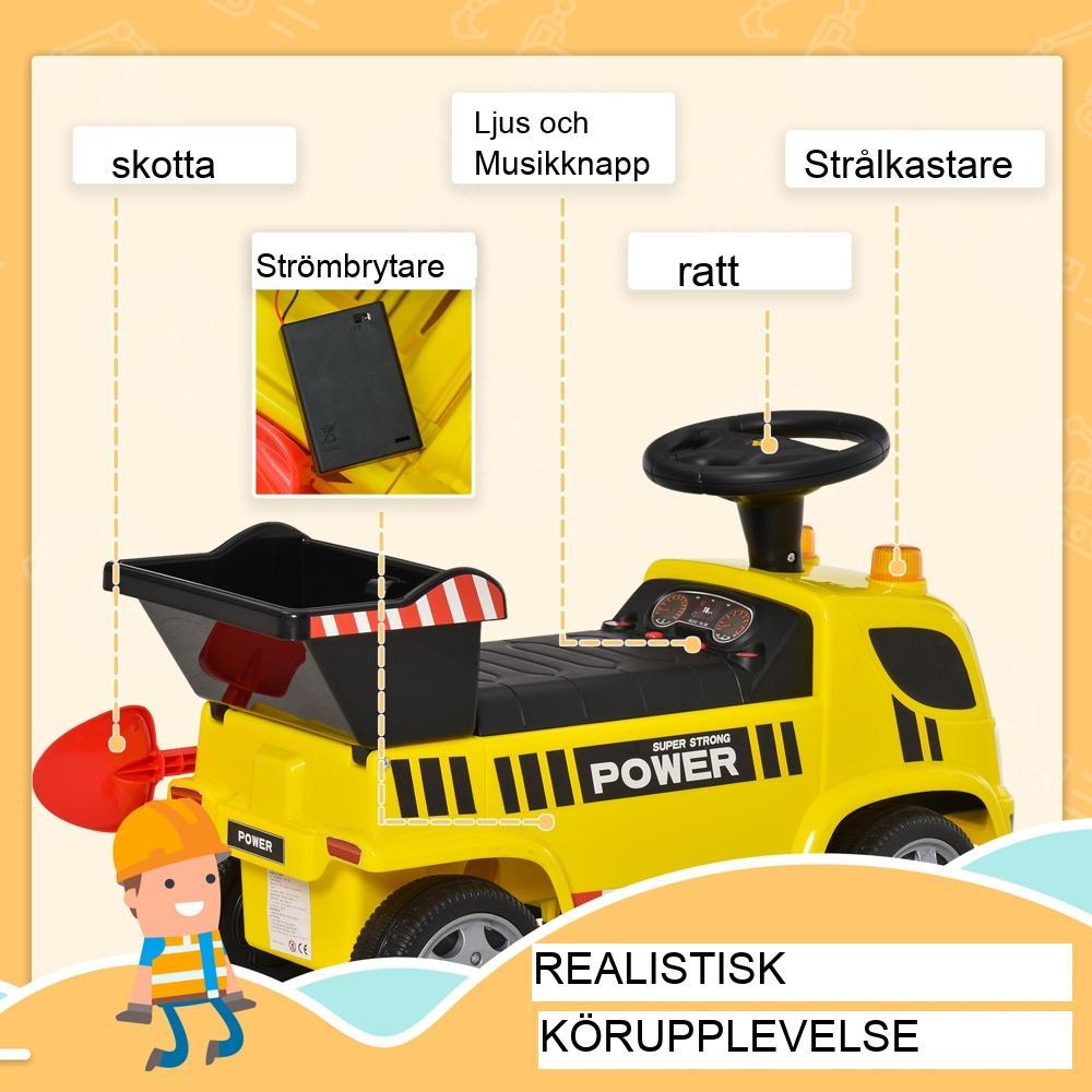 Gul åkgrävmaskin med tippskopa och spade för barn 18-36 månader