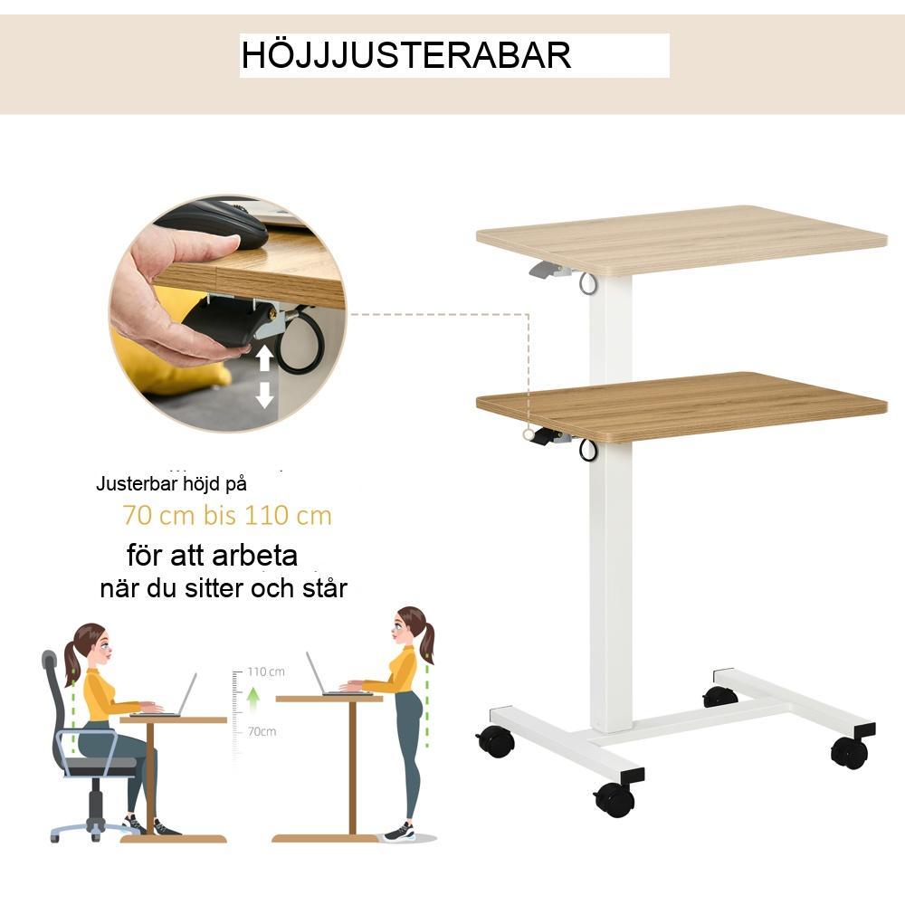 Justerbart stående skrivbord med hjul – C-format laptopbord, naturvit, 70-110 cm