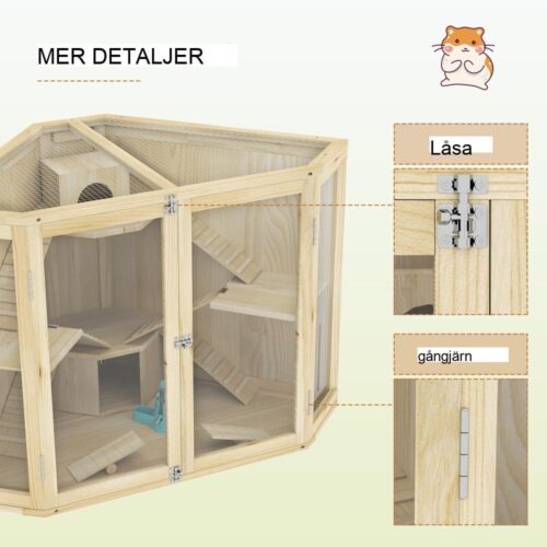 Hamsterbur i trä, 4-nivå livsmiljö med hyddor, gungbräda och ramp för dvärg- och syriska hamstrar