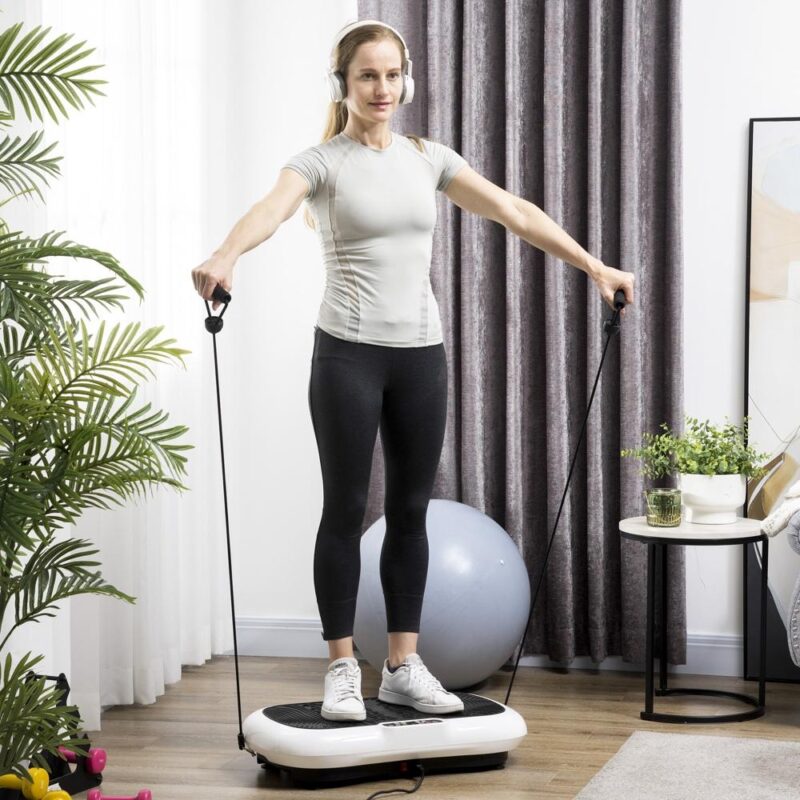 Vibrationsplatta Fitness Device – 99 nivåer, helkroppsträning, 2 band, 120 kg kapacitet