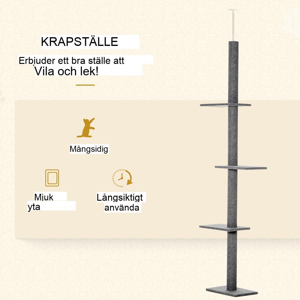 Grå kattträd med högt i tak, justerbar skrapstolpe, aktivitetscenter på flera nivåer