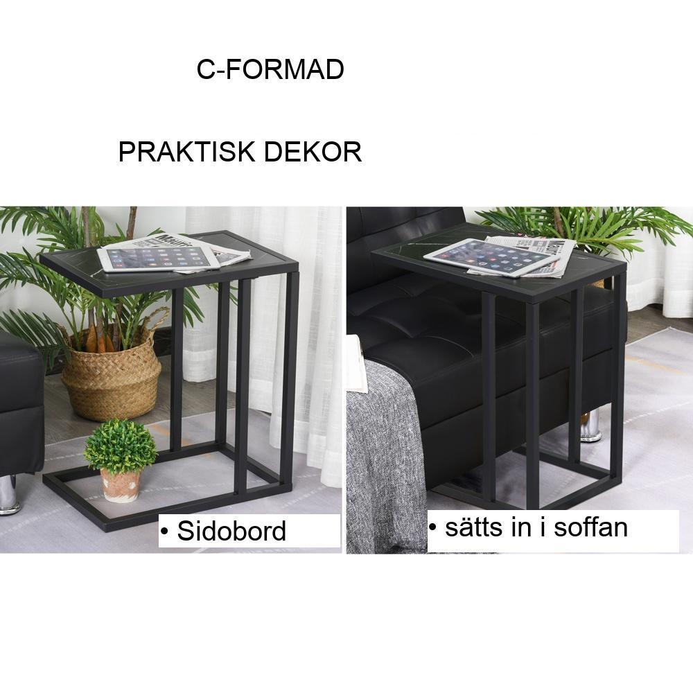 Svart C-format sidobord med marmorlook och metallram