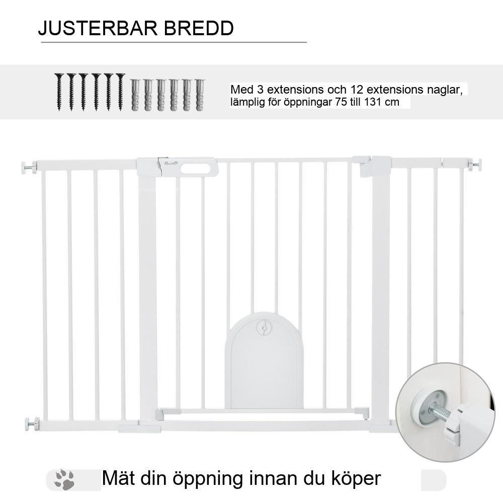 Extra bred husdjursgrind i metall med automatisk stängning och gångdörr – vit 75-131cm