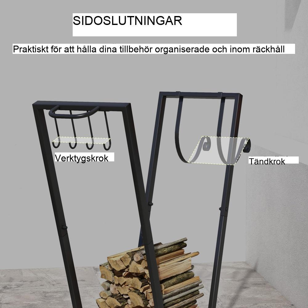 Trapetsformad vedhylla med hjul – svart metall, rymmer 50 kg