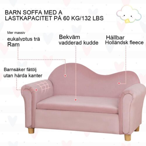 Rosa barnsoffa med förvaring, fleeceklädsel, för åldrarna 3-5