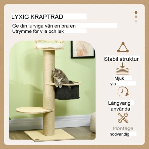 Naturligt kattträd med hängmatta, skrapstolpar och plyschsäng (upp till 5 kg)