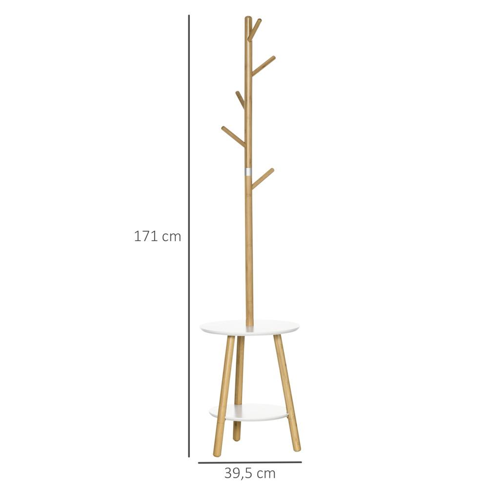 Naturlig+vit bambu klädhängare med sidobord, 5 krokar, 171 cm hög