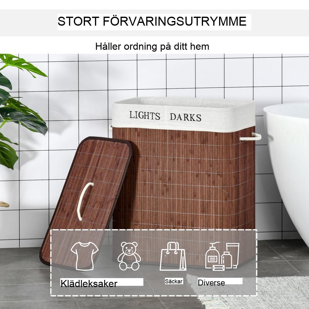 Stor bambu tvättkorg med dubbla fack och handtag